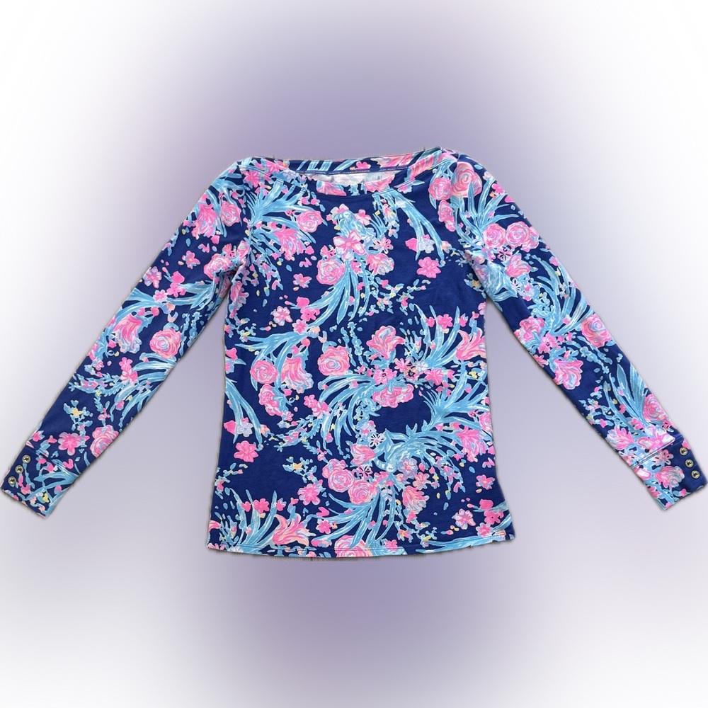 Lilly Pulitzer, long sleeve, cotton‎ shirt, blue, & pink, gold buttons, size Sm